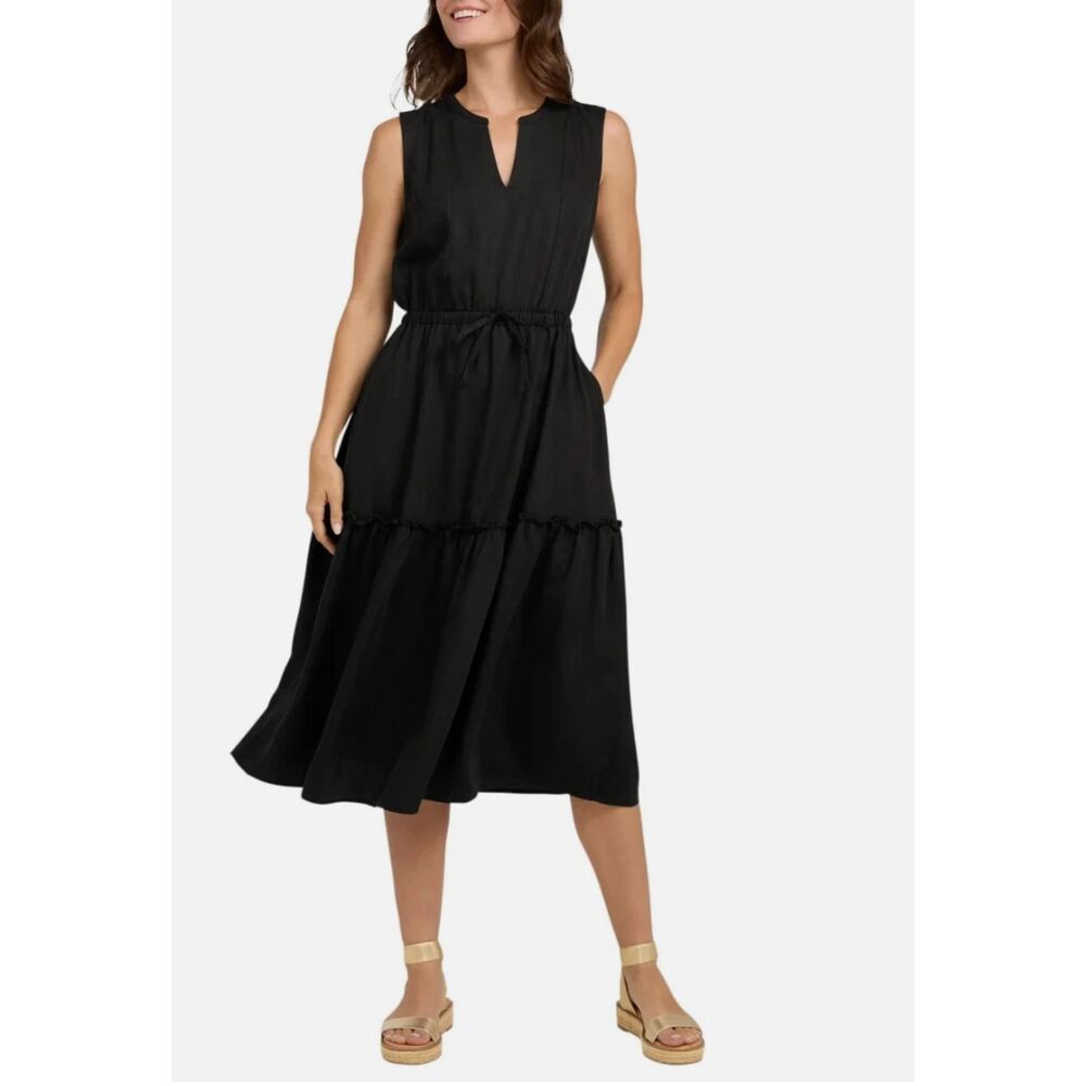 NWT Lands’ End Black Lyocell Tiered Midi Dress Small Pockets Minimalist Quiet